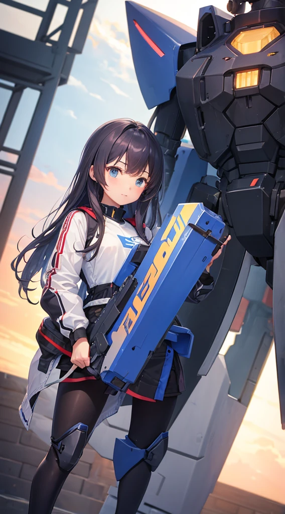 A girl in a tights with a mecha behind her。A girl in a tights standing in front of a mech。Close-up of girl's upper body,The background is a mecha。Girl standing in front of the mecha站在机甲前的女孩,Mech pilot,Rounded curves of the mecha,Mecha Background,Mechanical style background,Girl in tights standing in front of mecha,Cute mech,The girl in tights stands in front of the tall mecha,Behind the girl in tights is a mecha,Girl standing in front of the mecha,Girl standing in front of the mecha,Girl standing in front of the mecha,Mecha Background,The background is a mecha,Girl waist up close,Tilt view lens,Girl standing under the mecha