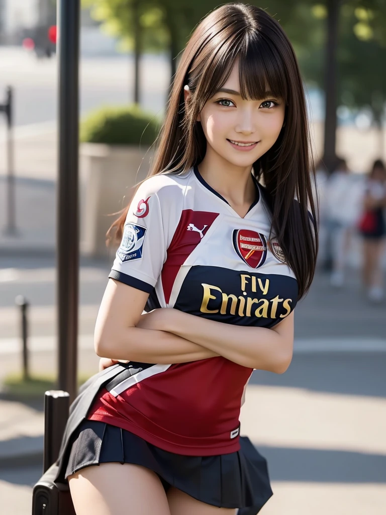 (8k, RAW Photos, Highest quality, masterpiece:1.2), (Realistic, photo-Realistic:1.4), (Highly detailed 8K wallpapers), ((Full Body Shot)), (1 girl), Sharp focus, Depth of written boundary, Cinematic lighting, Soft Light, 緻密な美しさのeye, eye_Chan, Very beautiful 17 year old girl, innocent big eyes, Realistic, photo Realistic, Highly detailed cute girl, (Thin thighs), (Model Body Type), 18-year-old, (((Arsenal Soccer Jersey))), ((Micro Mini Tight Skirt)), (((Fold your arms in front of your chest and act arrogantly))), ((A happy smile)), Parted lips, Watching the audience, (On the streets of Britain) , (Brown Hair),(Long Bob Hair), (Asymmetrical bangs)
