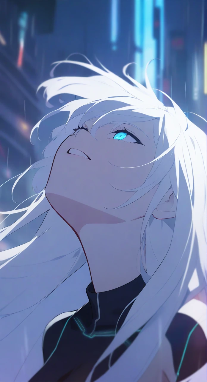 1girl,solo,look sky,cyberpunk background,rain,depth of field,blurry,close up,looking up,very long hair,white hair,glowing rain