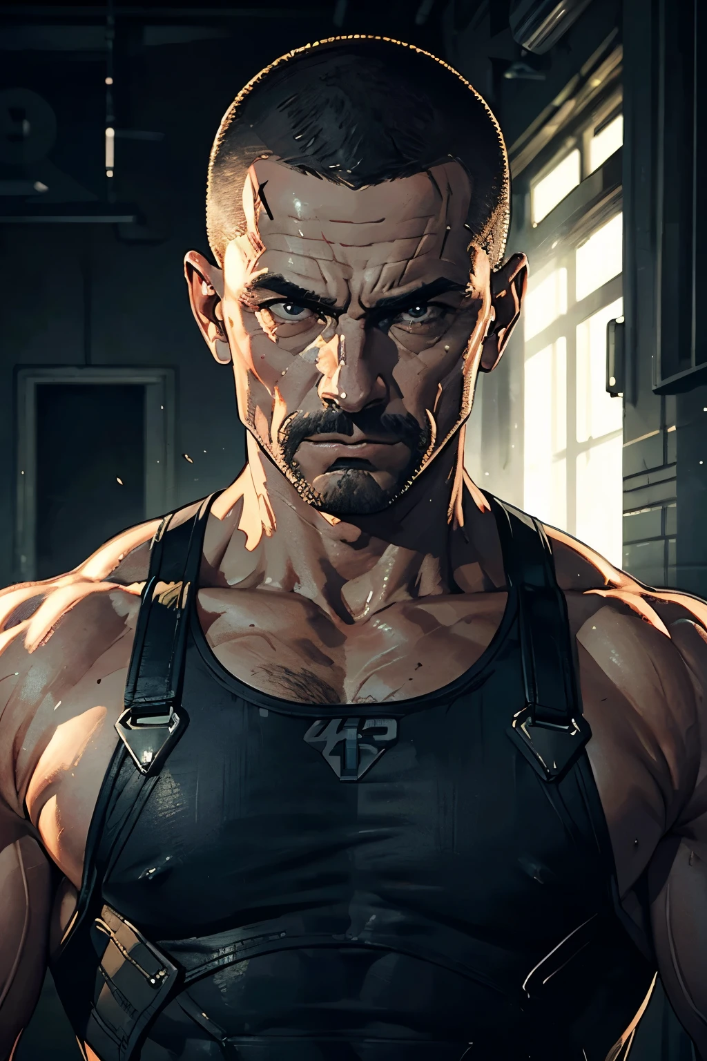 A 53-year-old military man training、((Upper body naked))、Muscular、Short Hair、buzzcut、Overall a dark and mysterious atmosphere、Detailed facial expressions、(masterpiece),Highest quality,Excellent anatomy