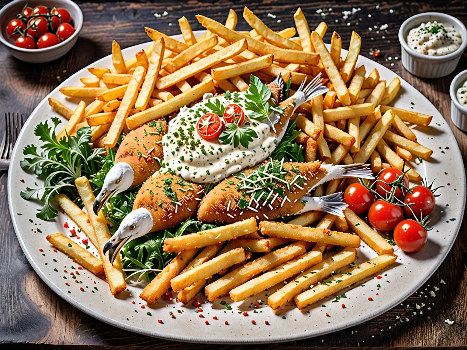 a large plate of fried seagull with French fries, seasoned with greens, cherry tomatoes, sprinkled with ground cheese.
