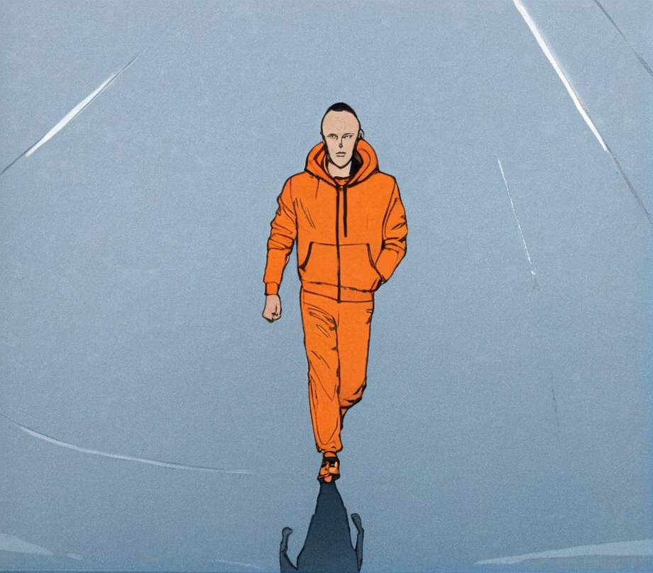 Nergal Jr, Pale Skin, Brown Hair, Orange Tracksuit, Desert at Snow