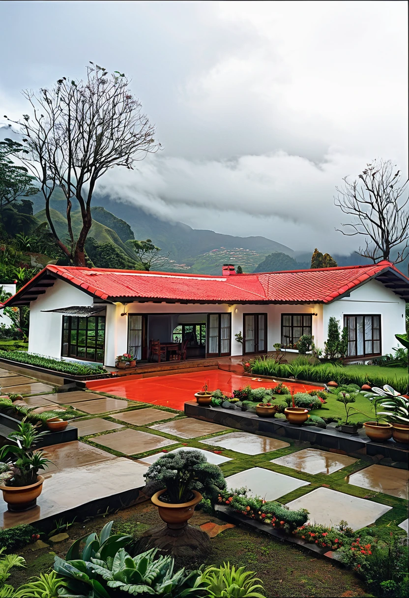 there is a small white house with a red roof and a garden, outside view, on a cloudy day, beatiful house, integrated in the mountains, exterior view, colonial house in background, ( visually stunning, by Randy Post, neo - andean architecture, neo-andean architecture, cottage, amidst of nature fully covered, outstanding detail, frontview