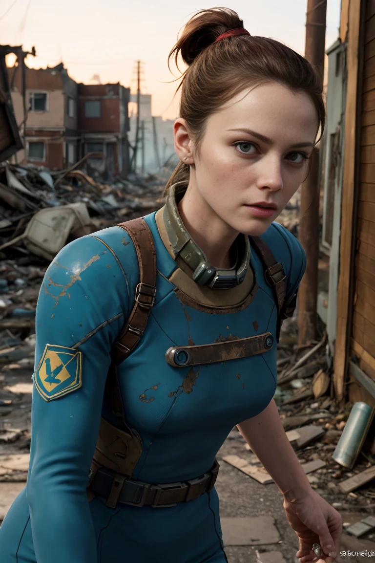 Cute and nerdy woman, (Michelle Pfeiffer:Gillian Jacobs:0.5), Brunette hair tied in a ponytail, Wearing the Open High Detail Blue Fallout 4 Vault Suit, A face with attention to detail, Skin with attention to detail, Seductive look, Perfect body, Perfect proportions, In the background we see a ruined city long devastated by nuclear war., high quality, masterpiece, Realistic photos, Exquisitely crafted, 8k, High resolution, Shallow depth of field, Wide Light, High Contrast, Backlight, Sharp focus, RAW color photos, Looking into the camera, Cool colors, Dynamic pose, Fallout 4 style