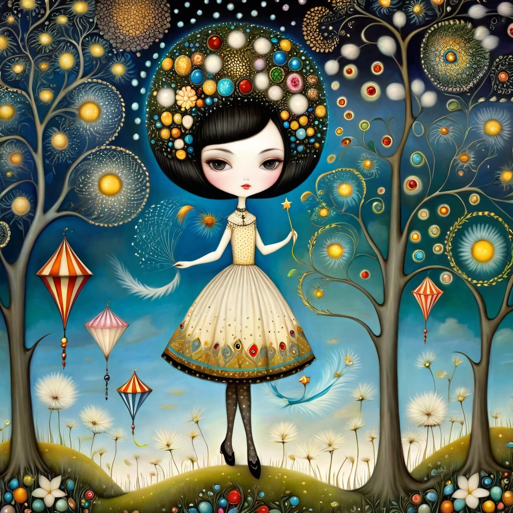 Patchwork by Klimt, Nicoletta Ceccoli, Naoto Hattori, Lawrence Didier, Leonora Carrington of European Woman with short black hair and a long, wide skirt collects gems from small trees. Kites, white dandelion flowers. intricate patterns and details, photorealistic 8k resolution, masterpiece quality, vivid and vibrant colors, dramatic lighting casting surreal shadows, fantastical and whimsical elements, magical realism ambiance, wide-angle perspective creating optical illusions.