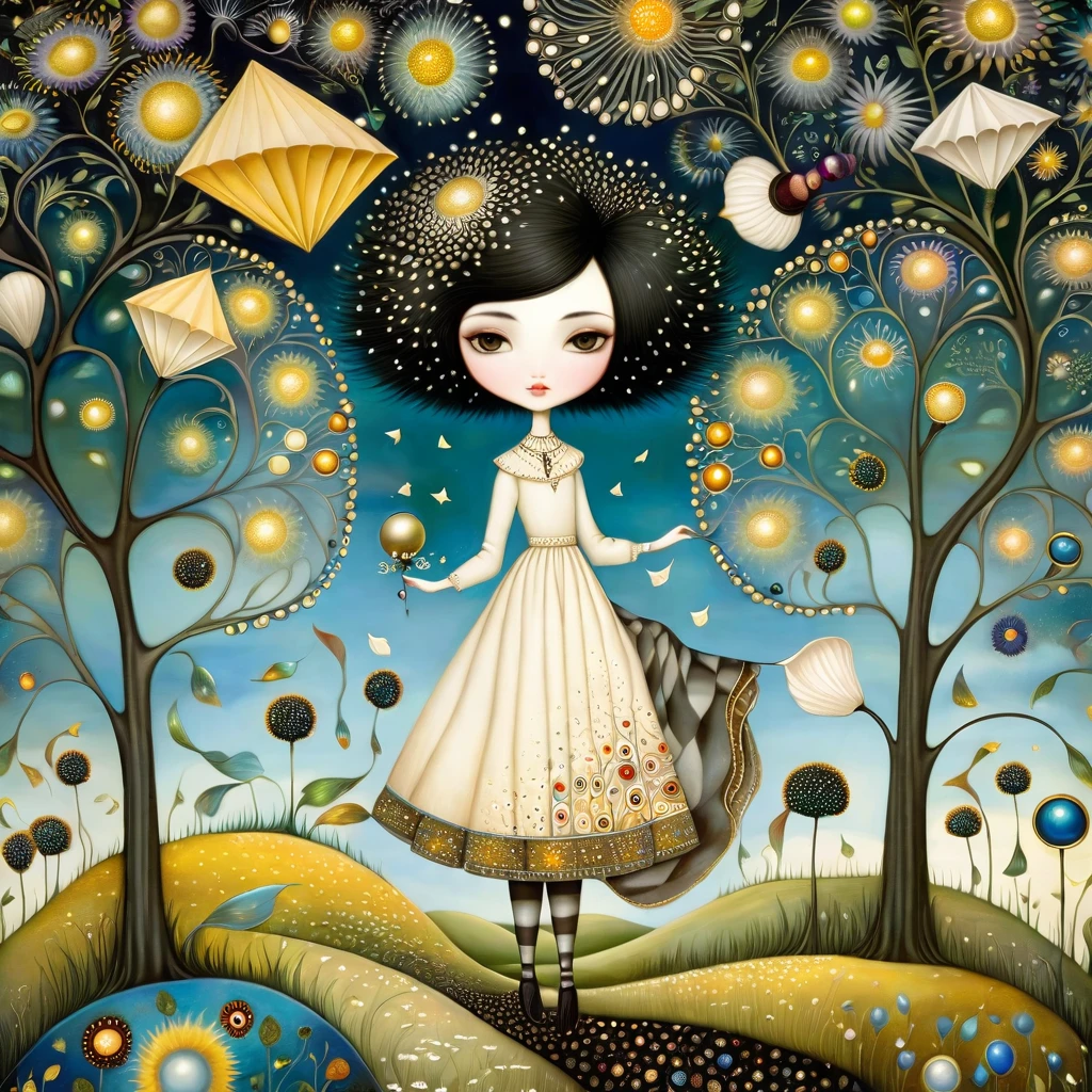 Patchwork by Klimt, Nicoletta Ceccoli, Naoto Hattori, Lawrence Didier, Leonora Carrington of European Woman with short black hair and a long, wide skirt collects gems from small trees. Kites, white dandelion flowers. intricate patterns and details, photorealistic 8k resolution, masterpiece quality, vivid and vibrant colors, dramatic lighting casting surreal shadows, fantastical and whimsical elements, magical realism ambiance, wide-angle perspective creating optical illusions.
