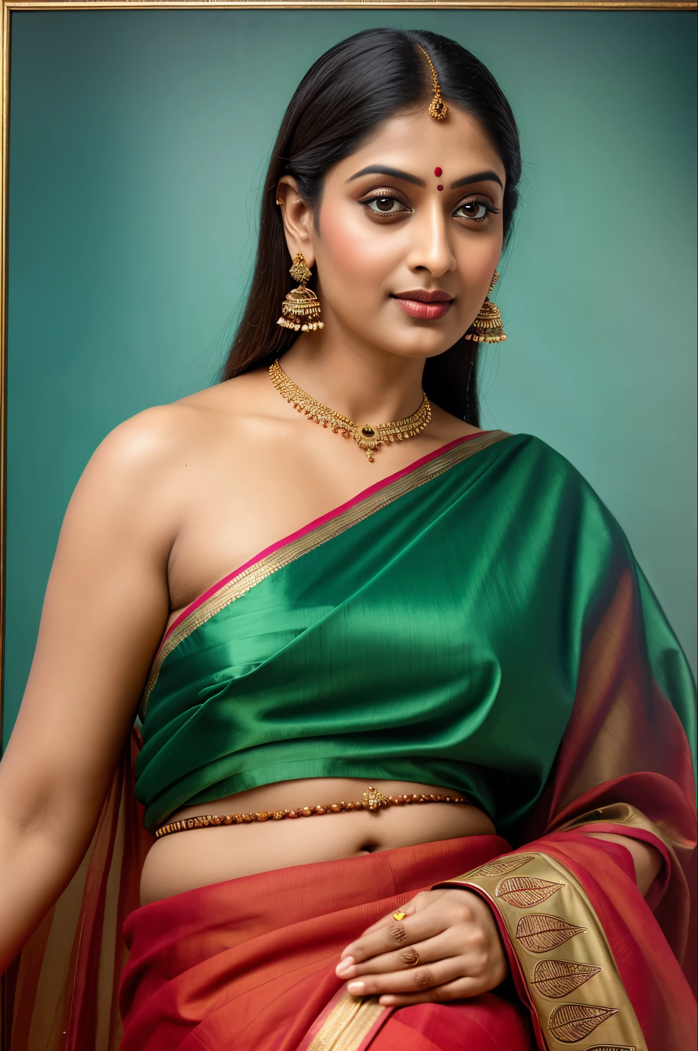 Beautiful painting of a woman in a sari with a necklace and earrings, looks like Sandeepa Dhar, inspired by Raja Ravi Varma, szukalski ravi varma, portrait of a beautiful goddess, by Raja Ravi Varma, indian goddess, traditional beauty, a stunning portrait of a goddess, inspired by T. K. Padmini, indian art, indian goddess of wealth, portrait of a goddess, bulky figure, fleshy woman, skin pores, thick figure, attractive beauty, stunning beauty,