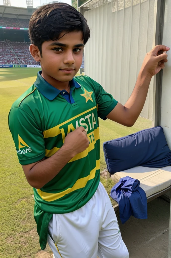 A young boy Saad wearing i cricket shirt and sit on sofa and watching cricket match