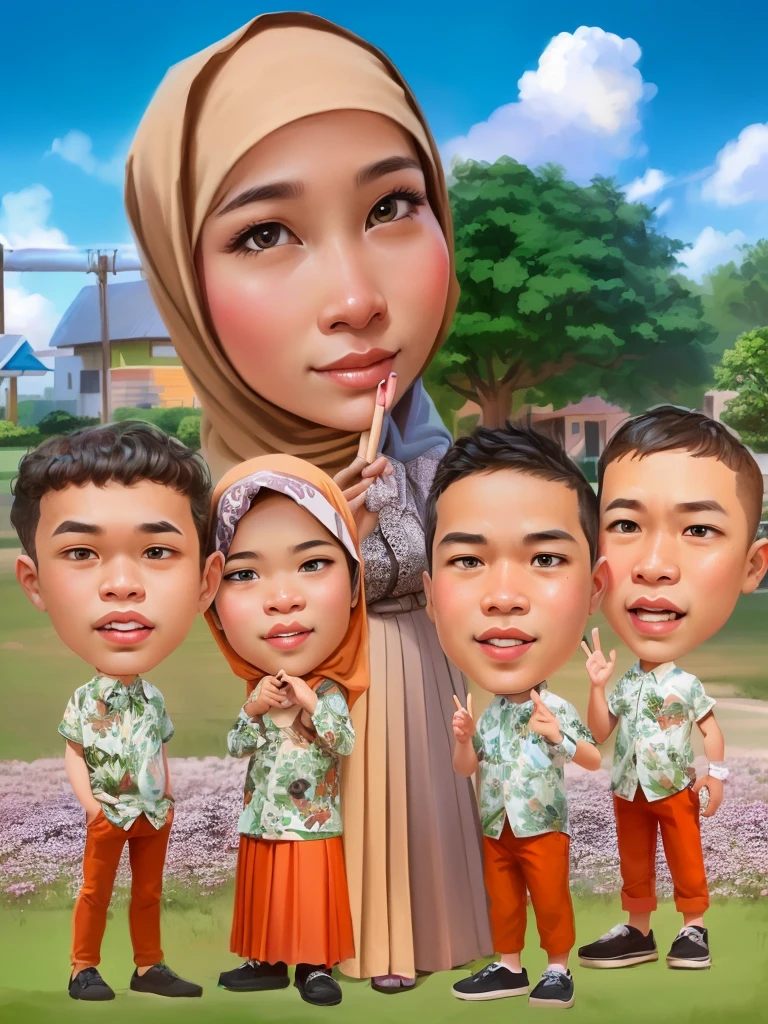 cartoon of a family of four standing in front of a playground, Woman wearing hijab,And wear a long skirt, caricature illustration, in cartoon style, caricature style, digital art cartoon, potrait, cartoon digital art, cartoon digital painting, cartoon portrait, realism artstyle, realistic cartoon, cartoon artstyle, an indonesian family portrait, charicature, cartoon art, cartoon style illustration, children, by Abidin Dino