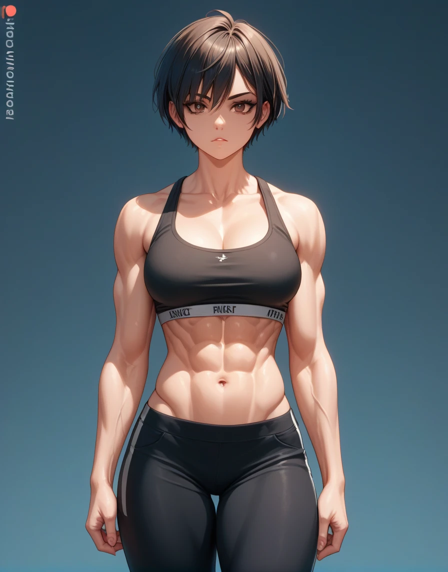 muscular girl, black hair, short bob cut hairstyle, curvy, wide hips, huge breasts, full body, tennis, white socks, sport bra, embarrased expression