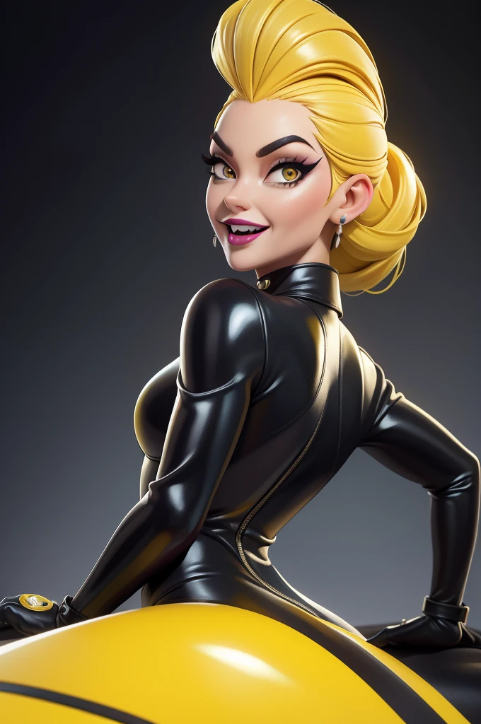 obra prima, melhor qualidade, (emma peel vamp 70yo face wrinkles) head back, sassy wicked girl, big toothy smile, open mouth, ((shiny pearl white lipstick,)) thick smoky black eye shadow, long fake eyelashes, raven black mullet hair, ((totally yellow leather spy girl suit,)) with studs zippers snaps, shiny leather gloves, body is skinny, laying down on hood of sports car, shiny tight buttocks, dazzle pose, pinup pose, exaggerated selfie pose, camera view of whole body, looking up at me, shallow depth of field, highres, HD, 8k, anatomically correct