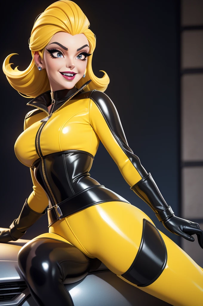 obra prima, melhor qualidade, (emma peel vamp 70yo face wrinkles) head back, sassy wicked girl, big toothy smile, open mouth, ((shiny pearl white lipstick,)) thick smoky black eye shadow, long fake eyelashes, raven black mullet hair, ((totally yellow leather spy girl suit,)) with studs zippers snaps, shiny leather gloves, body is skinny, laying down on hood of sports car, shiny tight buttocks, dazzle pose, pinup pose, exaggerated selfie pose, camera view of whole body, looking up at me, shallow depth of field, highres, HD, 8k, anatomically correct