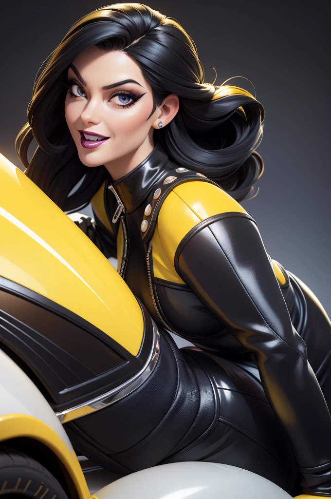 obra prima, melhor qualidade, (emma peel vamp 70yo face wrinkles) head back, sassy wicked girl, big toothy smile, open mouth, ((shiny pearl white lipstick,)) thick smoky black eye shadow, long fake eyelashes, raven black mullet hair, ((totally yellow leather spy girl suit,)) with studs zippers snaps, shiny leather gloves, body is skinny, laying down on hood of sports car, shiny tight buttocks, dazzle pose, pinup pose, exaggerated selfie pose, camera view of whole body, looking up at me, shallow depth of field, highres, HD, 8k, anatomically correct