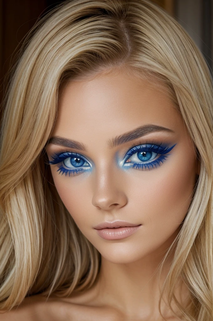 Femme magnifique, blonde, maquillage naturel, yeux bleus 