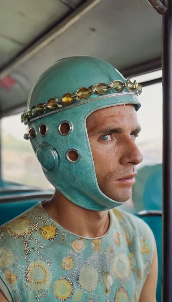 4k portrait of 1960s science fiction by Wes Anderson, Vogue anos 1960, pastels colors, Man with a fish mask wearing weird retro futuristic outfits and a woman wearing glass helmet and techno ornaments on the bus, Luz Natural, Psicodelia, futurista estranho, fotorrealista, hiper detalhado, sharp focus, Intrinsic, mid closeup, rosto e olhos perfeitos, grain of film, cinemactic, Bokeh lento | | | | | |, Epic composition, natural lightting, fotografia, Hiper realista, double-exposure, desfocado, desfoque de movimento, Absurdo, alto, alta qualidade, melhor qualidade, obra-prima, intrincado,