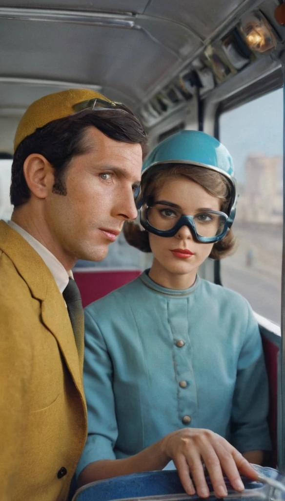 4k portrait of 1960s science fiction by Wes Anderson, Vogue anos 1960, pastels colors, Man with a fish mask wearing weird retro futuristic outfits and a woman wearing glass helmet and techno ornaments on the bus, Luz Natural, Psicodelia, futurista estranho, fotorrealista, hiper detalhado, sharp focus, Intrinsic, mid closeup, rosto e olhos perfeitos, grain of film, cinemactic, Bokeh lento | | | | | |, Epic composition, natural  lightting, fotografia, Hiper realista, double-exposure,  desfocado, desfoque de movimento, Absurdo, alto, alta qualidade, melhor qualidade, obra-prima, intrincado,