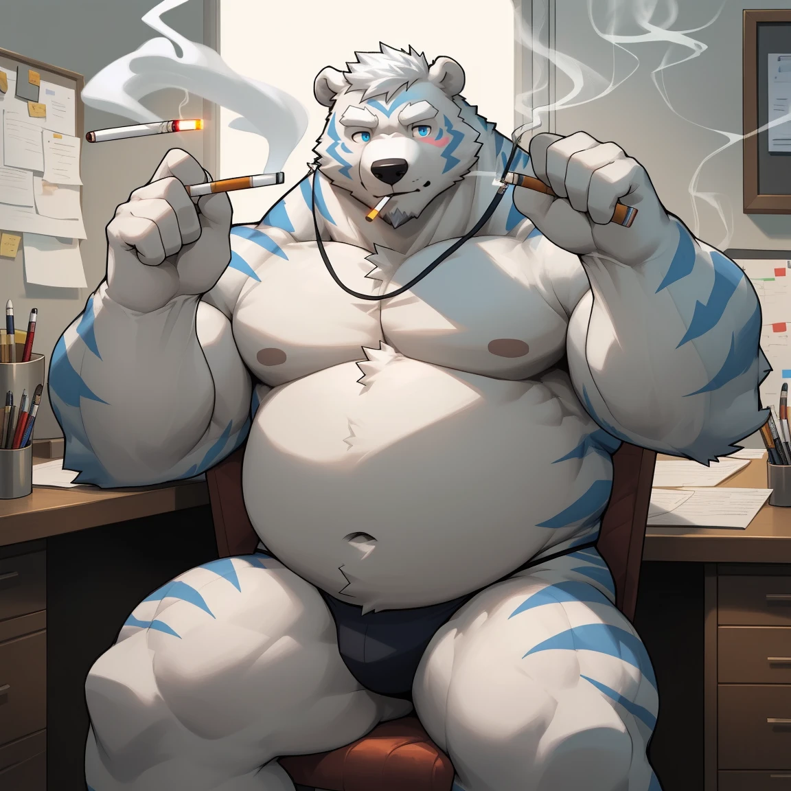 masterpiece, best quality, 8k resolution, Very detailed, hairy,(((polar bear)),(((Number of cigarettes:1))),(((blue eyes))),(((Mature))),(((beard))),(((Strong))),(((White hair all over body))),portrait,(((White hair))),(((body blue stripes))),(((office))),For the audience,(((Shirtless))),Highest quality scene,Solitary,solitary,(((whole body))),(((sit on the chair))),(((Desk))),(((Shirtless))),((Fat-enclosed muscle)),(((thong))),((August)),(((Round face))),(((alone))),(((Strong body))),(((Hip bulge))),(((Holding a cigarette)))