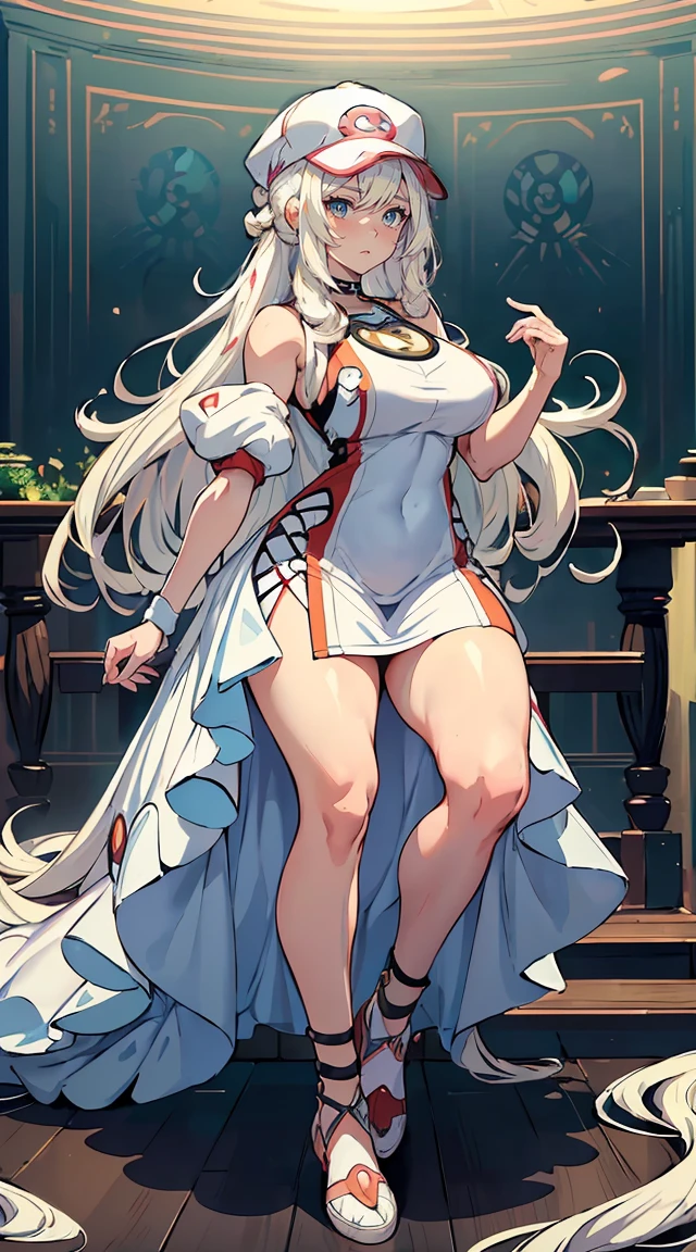 handsome mature woman,Long wavy white hair,Hyperresolution,accuracy,Detailed rendering,(Subtle facial image)(Image of fine hair)(topquality)(Masterpieces of masters)(High degree of completeness)(A sense of atmosphere)tmasterpiece,Super detailed and super detailed(half-body portrait)((Masterpiece, Highest quality)), Detailed face, CharacterDesignSheet, full bodyesbian, Full of details, Multiple poses and expressions, Highly detailed, Depth, Many parts,Beautiful,Extremely beautiful,High Balance, Natural light, drawn art style, white hair, curly hair down to ankles, ankle length hair, (((Ankle length hair))) (((thick hair))) (((pokemon trainer)))(((Pokemon gym leader))))(((Gym clothes)))(((Sporty outfit)))(((nO DRESS))) (((bAEBALL CAP)))