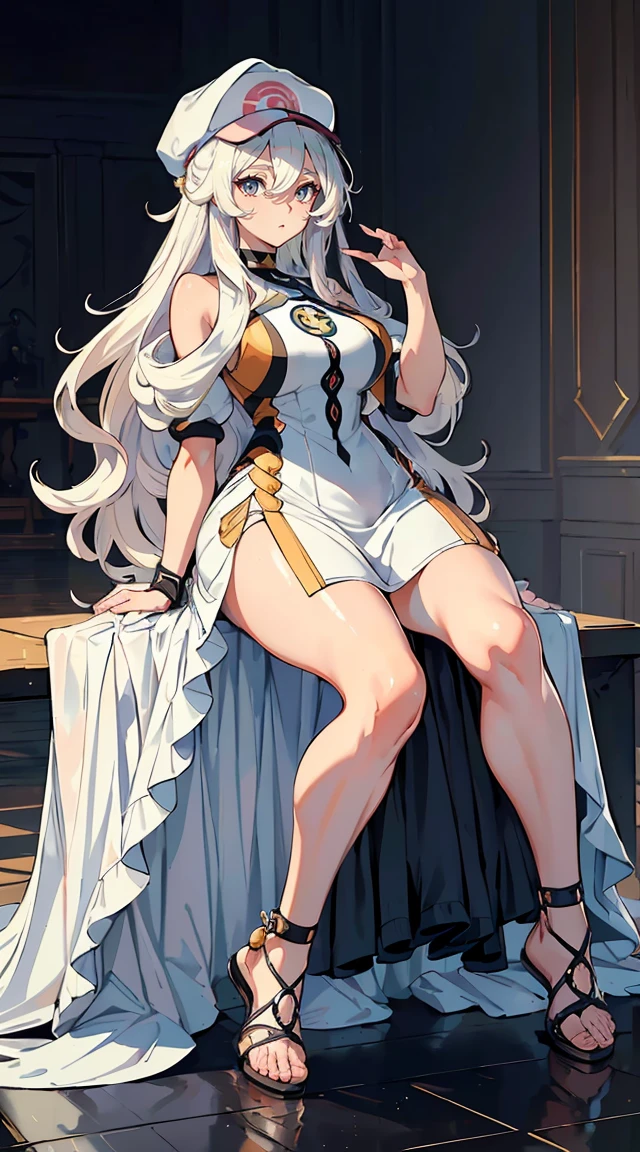 handsome mature woman,Long wavy white hair,Hyperresolution,accuracy,Detailed rendering,(Subtle facial image)(Image of fine hair)(topquality)(Masterpieces of masters)(High degree of completeness)(A sense of atmosphere)tmasterpiece,Super detailed and super detailed(half-body portrait)((Masterpiece, Highest quality)), Detailed face, CharacterDesignSheet, full bodyesbian, Full of details, Multiple poses and expressions, Highly detailed, Depth, Many parts,Beautiful,Extremely beautiful,High Balance, Natural light, drawn art style, white hair, curly hair down to ankles, ankle length hair, (((Ankle length hair))) (((thick hair))) (((pokemon trainer)))(((Pokemon gym leader))))(((Gym clothes)))(((Sporty outfit)))(((nO DRESS))) (((bAEBALL CAP)))