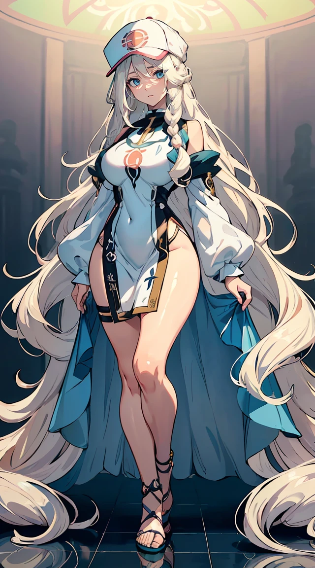 (1girl), gigantic breasts, tan, dewy skin, sweaty skin, ((absurldy long hair:1.5)), amber eyes, straight silver hair, full body, hair on floor, thighhighs, standing straight