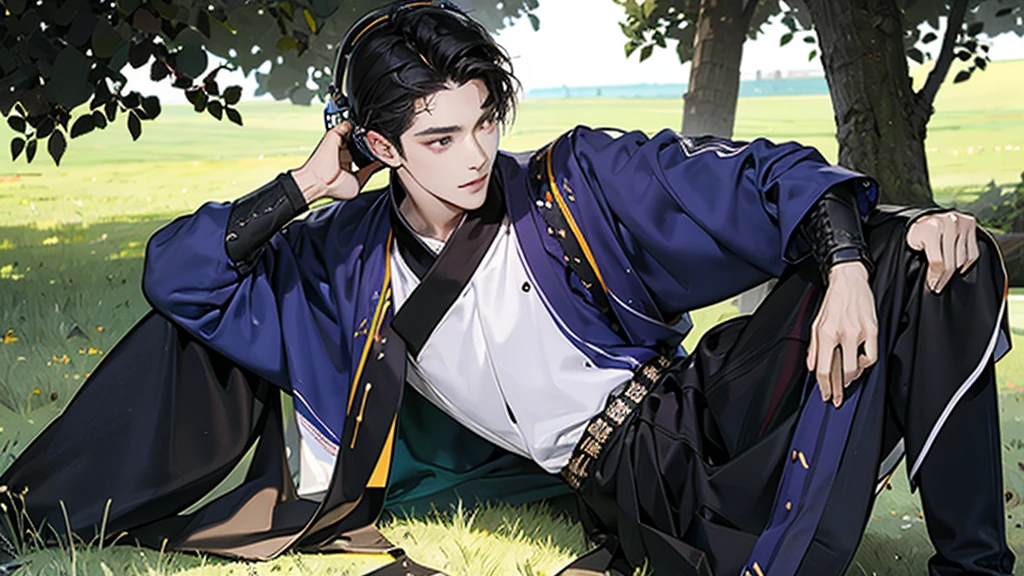 A young man in a sits leaning against a tree., Has purple eyes and dark black hair., seriously listening to music,Wear blue-white headphones,green grass background,blue sky