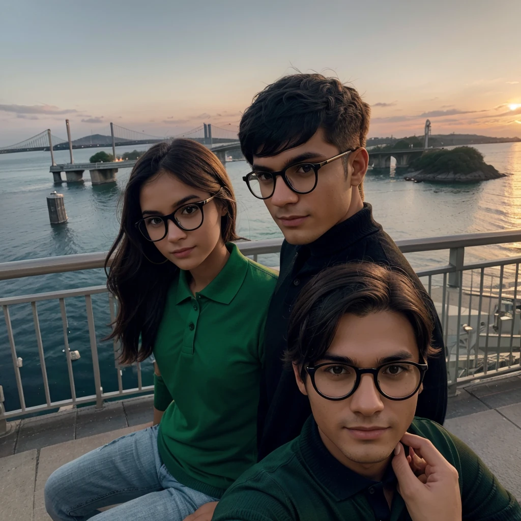 selfie of the guy in the green polo shirt wearing black glasses, neat hair and the girl in the black headscarf, blue sweater, night sitting together, back view of the bridge and the sunset