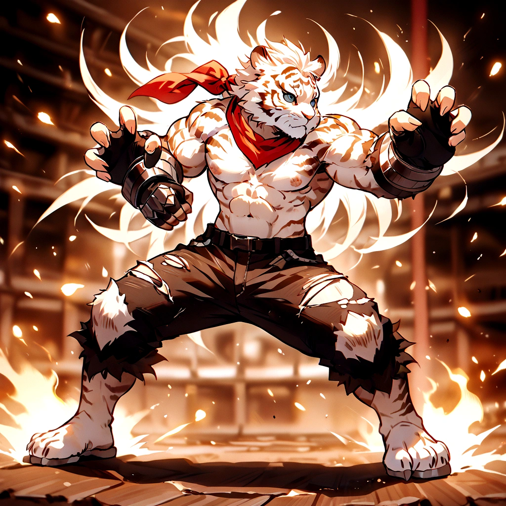 An athletic, muscular anthro white tiger wearing torn jeans and no shirt, wearing fingerless gloves, wearing a red bandana, in a fighting pose, has claw gauntlet weapons