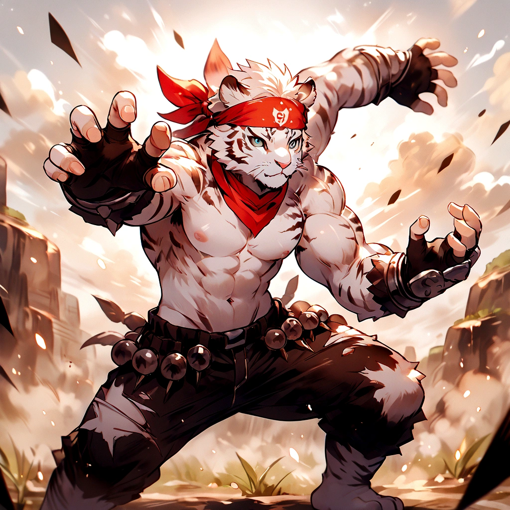 An athletic, muscular anthro white tiger wearing torn jeans and no shirt, wearing fingerless gloves, wearing a red bandana, in a fighting pose, has claw gauntlet weapons