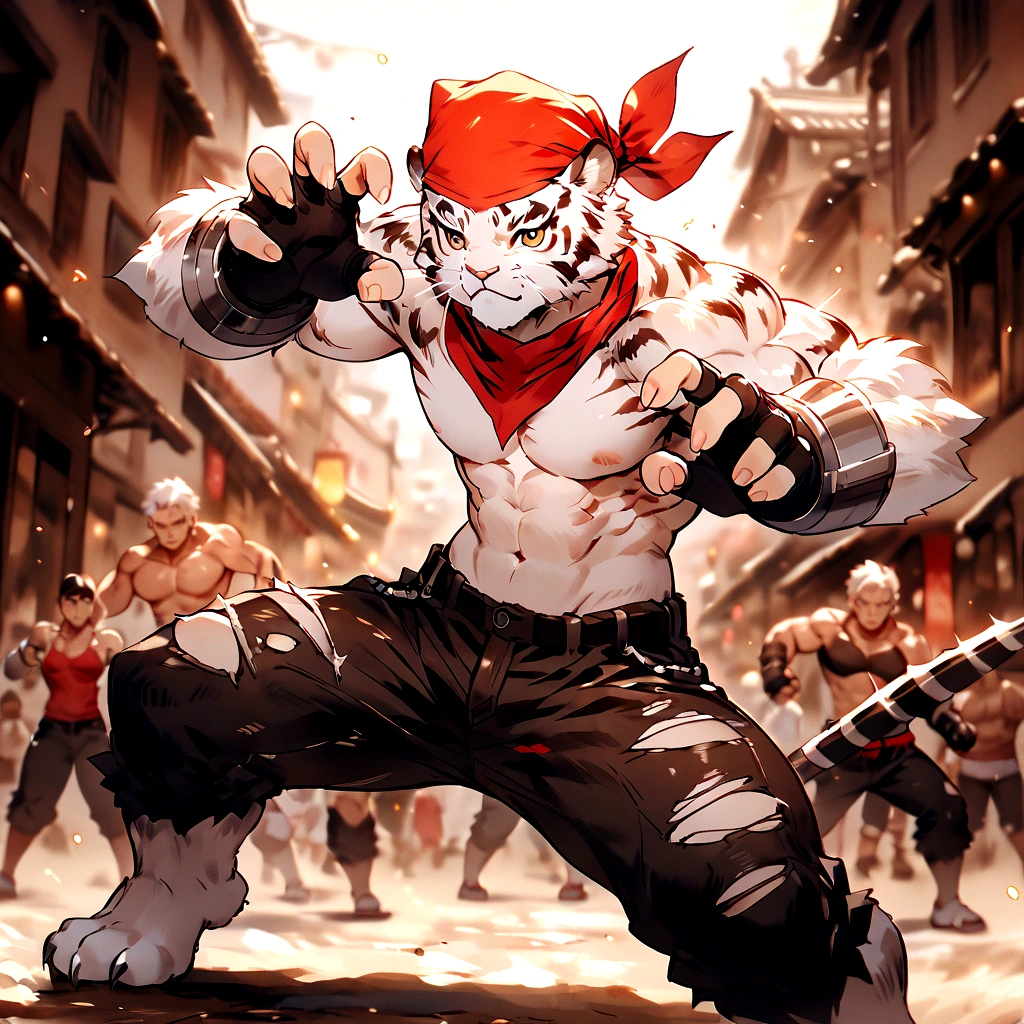 An athletic, muscular anthro white tiger wearing torn jeans and no shirt, wearing fingerless gloves, wearing a red bandana, in a fighting pose, has claw gauntlet weapons