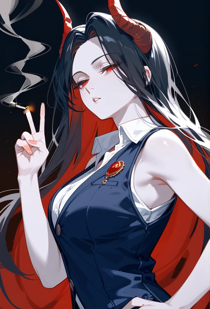 masterpiece, Score_9, Score_8_up, Score_7_up, rear view, 1 woman, alone, black hair with red, long hair, parted bangs, dark red eyes, half-closed eyes, parted lips, expressionless, pale skin, large breasts, top of the body, V-neck shirt, black background, best quality, horns up, long and split bangs, Shirt Sleeveless, With V neckline , Without vest, Castlevania, Smoking.