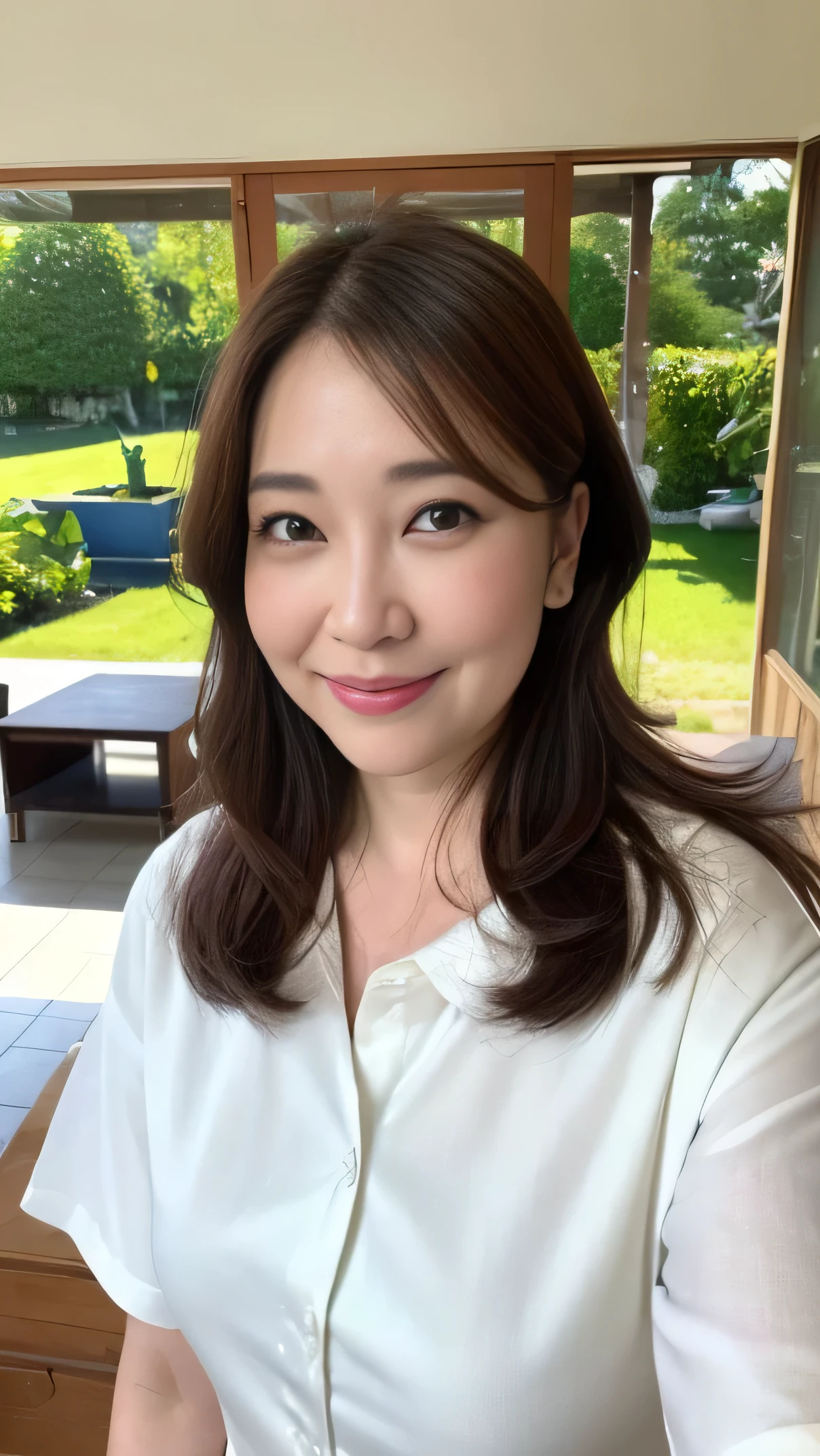 ((top quality、8k、masterpiece:1.3))、sharp focus, High level of image quality, high resolution，,Gray crew neck shirt，white jeans，37-year-old woman with long wavy hair，Mature，charming smile，Draw lips correctly, red lipstick，stand，Slightly fat，Big breasts，garden background，full-body shot