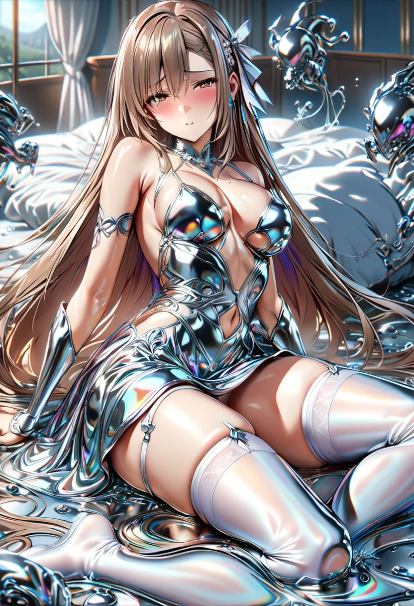 ((masterpiece)), Highest quality, Super detailed,(One girl),Yuki Asuna、 Long Hair,Beautiful background ,((Dress with white stockings with garters)), chest, Curved body,Lie in, Look to the side, Worried face, NSFW、Asuna is attacked by silver liquid metal creatures in her bedroom NSFW,