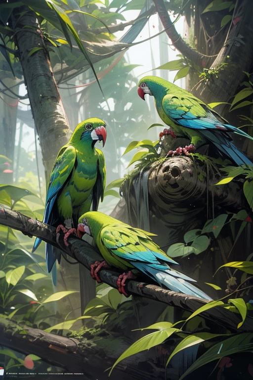 anime style, super fine illustration, highly detailed, dynamic angle, beautiful detailed, 8k, In the afternoon tropical rainforest, BREAK colorful parrots and parakeets are flying in the sky or perching on tree branches.