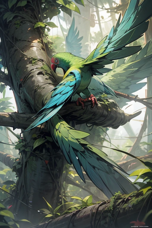 anime style, super fine illustration, highly detailed, dynamic angle, beautiful detailed, 8k, In the afternoon tropical rainforest, BREAK colorful parrots and parakeets are flying in the sky or perching on tree branches.