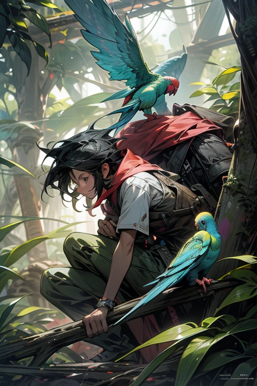 anime style, super fine illustration, highly detailed, dynamic angle, beautiful detailed, 8k, In the afternoon tropical rainforest, BREAK colorful parrots and parakeets are flying in the sky or perching on tree branches.