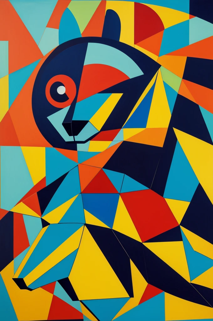 Imagine a bear riding a bicycle, but depicted in a Cubist style. The bear should have angular and fragmented shapes, with different perspectives of its body shown simultaneously. The bicycle should also be deconstructed into geometric forms, with multiple angles and overlapping shapes. Use a limited color palette of bold, contrasting colors to enhance the Cubist aesthetic. The background should be abstract and fragmented to further emphasize the Cubist style. Capture the dynamic movement of the bear on the bicycle through the use of intersecting lines and shapes. Overall, aim to create a visually striking and avant-garde interpretation of a bear riding a bicycle in the Cubist art style