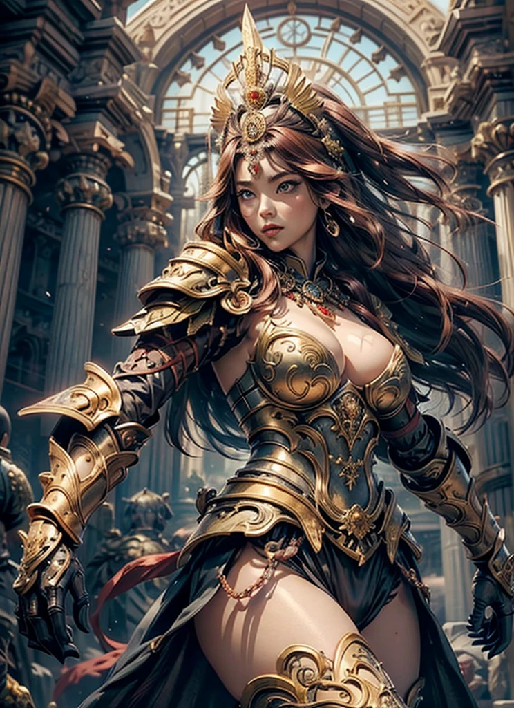 white colored, (surrealistic), (hight resolution), (8K), (ighly detailed), (beatiful detailed eyes), (top-quality), (ultra-detailliert)、intricate detailes、 1girl in、fullbody image、(Goddess of battle、Powerful beauty、hali々and has)、perfectly proportions、big eye:1.5、Pretty eyes、Bewitching、Sexy Woman、Big Tits、big breasts thin waist、nabel、Crotch gap、thighs thighs thighs thighs、Beautiful face、A detailed face、Perfect figure:1.4、(shinny skin), (cleavage of the breast)、length hair、the wind、Red BRA、 long ugly hair, (Brown hair:1.3)、Look at viewers, Wearing complex red super armor、Clear focus:1.2、Lightning Effect、Ultra-detailed large crown adorned with jewels:1.2)、Colossal 、oppai、Translucent sexy underwear、I see the purple flag、Gemstones with intricate details、(Ultra-detailed yellow armor adorned with jewels:1.3)、diffuse lighting、Valhalla Valkyrie、(Realistic lighting)、Light up your face、Lights from the front、Shine a light on your face、red, blue colored, detailed white armor