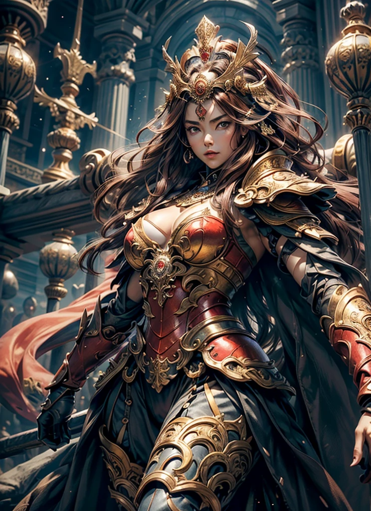 white colored, (surrealistic), (hight resolution), (8K), (ighly detailed), (beatiful detailed eyes), (top-quality), (ultra-detailliert)、intricate detailes、 1girl in、fullbody image、(Goddess of battle、Powerful beauty、hali々and has)、perfectly proportions、big eye:1.5、Pretty eyes、Bewitching、Sexy Woman、Big Tits、big breasts thin waist、nabel、Crotch gap、thighs thighs thighs thighs、Beautiful face、A detailed face、Perfect figure:1.4、(shinny skin), (cleavage of the breast)、length hair、the wind、Red BRA、 long ugly hair, (Brown hair:１.3)、Look at viewers, Wearing complex red super armor、Clear focus:1.2、Lightning Effect、Ultra-detailed large crown adorned with jewels:１.2)、Colossal 、oppai、Translucent sexy underwear、I see the purple flag、Gemstones with intricate details、(Ultra-detailed yellow armor adorned with jewels:1.３)、diffuse lighting、Valhalla Valkyrie、(Realistic lighting)、Light up your face、Lights from the front、Shine a light on your face、red, blue colored, detailed white armor