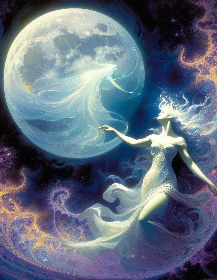 the famous love affair between Goddess of the moon Selene and mortal Endymion, fractal art, (art inspired by Bill Sienkiewicz). oil painting)