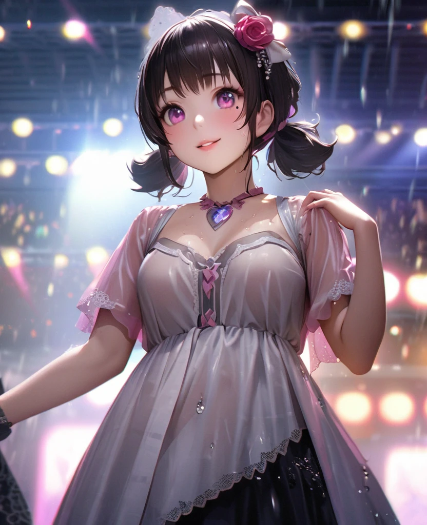 One Girl、Looking at the audience、lovely,
Beautiful pink eyes、short twin tail hair , Mole under the eye、Plump and glossy lips、Heart-shaped choca、Idol、Her name is Rico,smile、ー、。.。.。.。.。.。.。.。.。.。.。.。.。.。.。.。.。.。.3D、Realistic、
The idol's costume was soaked in the heavy rain, and her chest was wet and transparent.Heavy rain at outdoor concert, Drape clothes、gem、The decoration has been removed、Floral、Lace trim,On a glittering stage、
masterpiece、highest quality、8k、Detailed skin texture、Detailed cloth texture、Beautifully detailed face、Intricate details、Very detailed、
超A high resolution、8k Ultra HD、Film Grain、Best Shadow、delicate、Gazing at the audience、front