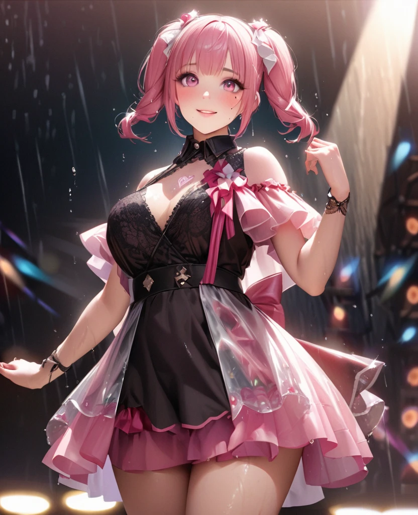 One Girl、Looking at the audience、lovely,
Beautiful pink eyes、short twin tail hair , Mole under the eye、Plump and glossy lips、Heart-shaped choca、Idol、Her name is Rico,smile、ー、。.。.。.。.。.。.。.。.。.。.。.。.。.。.。.。.。.。.3D、Realistic、
The idol's costume was soaked in the heavy rain, and her chest was wet and transparent.Heavy rain at outdoor concert, Drape clothes、gem、The decoration has been removed、Floral、Lace trim,On a glittering stage、
masterpiece、highest quality、8k、Detailed skin texture、Detailed cloth texture、Beautifully detailed face、Intricate details、Very detailed、
超A high resolution、8k Ultra HD、Film Grain、Best Shadow、delicate、Gazing at the audience、front