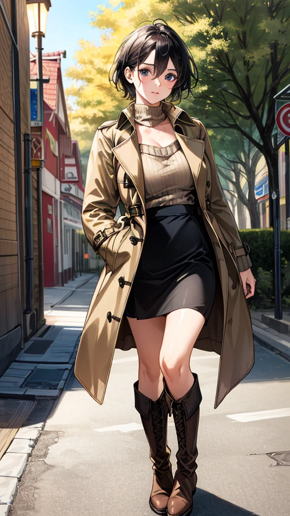(masterpiece:1.3, Highest quality), (Realistic, photoRealistic:1.4), Beautiful illustrations, (Natural Side Lighting, Cinema Lighting), View your viewers, (Face Focus, Upper Body), 1 Girl, Japanese, Beauty、30 years old, Perfect Face, (Perfect Anatomy:1.4), Cute and symmetrical face, Shiny skin, (short hair:1.2, Straight hair:1.2, Black Hair), Hair between the eyes, blue eyes, Big eyes, Long eyelashes, (Large Breasts), thin, Beautiful Hair, Beautiful Face, Beautiful attention to detail, Beautiful clavicle, Beautiful body, Beautiful breasts, Beautiful thighs, Beautiful feet, Beautiful Hands, (trench coat, sweater:1.4, Black Skirt :1.4, Brown long boots:1.4), thin体, (Beautiful views), winter, evening, (street tree, Urban area, it's snowing), walking, (Cute smile:1.4, Upward glance, Part your lips),