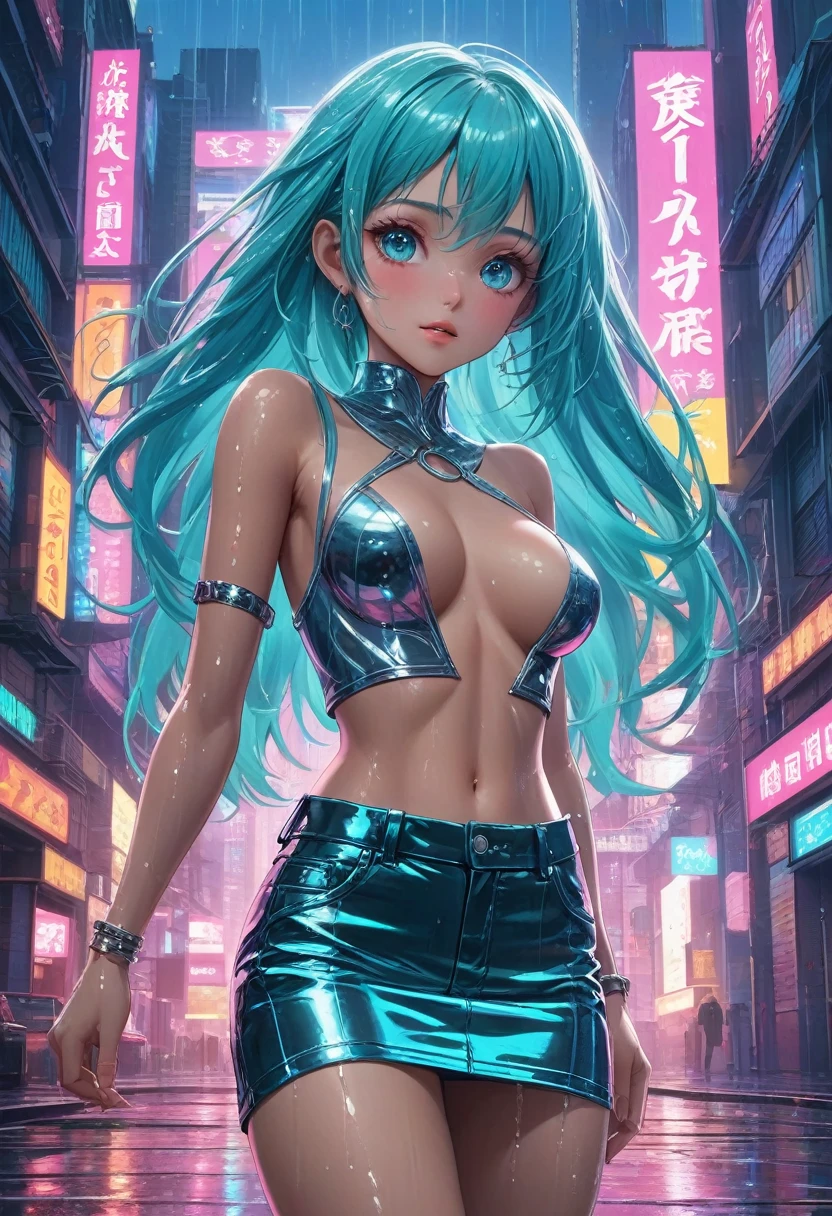 cute girl, (((medium chest))),(((aqua hair:1.5,long aqua hair,colored inner hair,ear breathing,))),(((heterochromia:1.5,eye1 aqua,eye2 pink))),intricate eyes,beautiful detailed eyes,symmetrical eyes,big eyes:1.5,(((lustrous skin:1.5,bright skin: 1.5,skin tanned,shiny skin,very shiny skin,shiny body,plastic glitter skin,exaggerated shiny skin,illuminated skin,wet legs))),(delicate detailed fingers,detailed body,human hands,(detailed face)),
cute,slutty,erotic,((nsfw)),
zettai ryouiki,(revealing clothing,show skin),((underboob)),(barefoot,),(((breast curtain,low rise mini skirt,high cut thong,))),((wet clothes,intricate outfit,intricate clothes)),
(dynamic pose:1.0),solo focus,embarrassed,(centered,scale to fit dimensions,Rule of thirds),
cyberpunk city by the ocean at night, with bright neon signs and dark stormy clouds and puddles, scenery:1.25,
highres, sharp focus, (ultra detailed, extremely detailed), (photorealistic artwork:1.37),(extremely detailed CG unity 8k wallpaper),((synthwave background theme)),(((vibrant colors))),(intricate background),(masterpiece),(best quality),