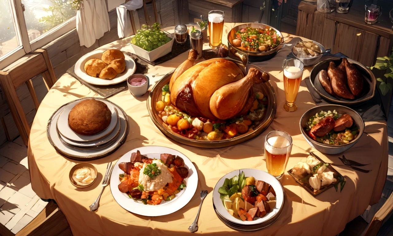 ((((masterpiece, Best Quality, High resolution)))), High detail, manga,anime,Illustrated style,Use of bright colors, long square dining table,White tablecloth,Close-up of food on the table,The table top fills the entire screen, In the center of the screen, a large selection of food is displayed on a table.,A sumptuous dinner on the table,wine,Beer ,Meat dishes,The evening sunlight is streaming in through the window、A sparkling drink in the sunlight, No humans, RPG-like scenery, テーブルの上にはBeer やwineや美味しそうな食べ物が載せられている, Create a magical and cozy atmosphere, Bright daytime atmosphere.