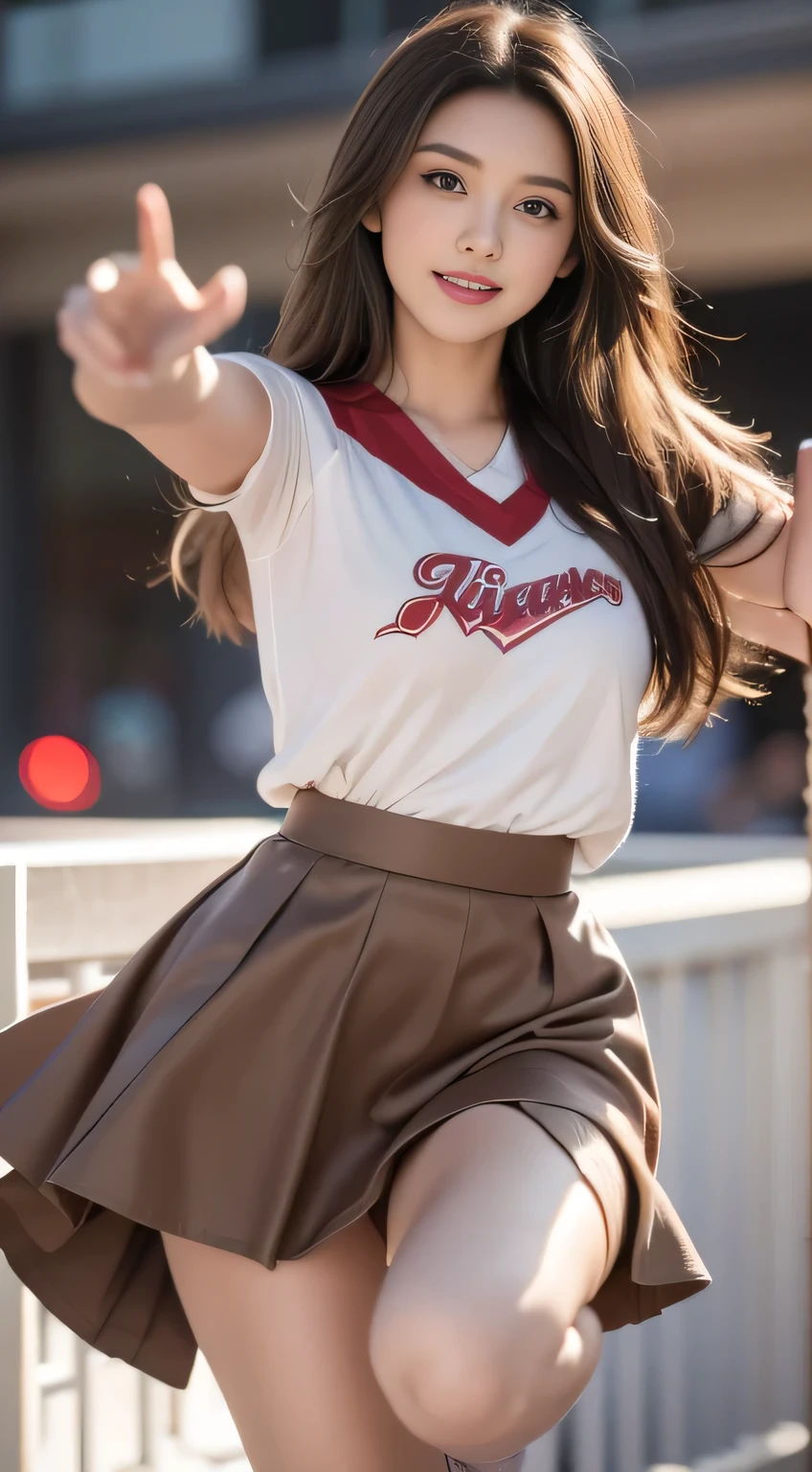 It depicts a beautiful young cheerleader,She has long brown hair and a very beautiful face.. She wears sexy clothes,Show off her charm. She raised her arms,Flushed, Showing her energy and enthusiasm ((Her skirt fluttered gracefully in the air)), 1 girl