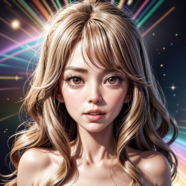 NSFW, 8k, High-level, absurd, masterpiece, best quality, primitive, very detailed CG, very detailed wallpaper, perfect lighting, Extremely detailed ((( personifying " Farrah Fawcett Majors " as a Little Girl))), MysticSight, Tyndall effect, Tyndall scattering, (Studio gray background with (Overflowing oodles Dazzling RainbowColorParticles (BokeH))), (RoundlyButts, ThighGap), (Exposed:0.4), (Assfocus with looking ahead) BREAK (Acutance:0.88), (NOGIZAKA face variations) Extremely Detailed very KAWAII face variations, perfect anatomy, Childish, CaptivatingGaze ElaboratePupils detailed Eyes with (sparkling highlights:1.28), (Voluminous LongEyelashes、GlossyRED Lips with beautiful details, RosyCheeks, Radiant PearlSkin with Transparency . { (Dynamic LifeLike expressions:1.4) | :d) }, (large eyes:-1) .