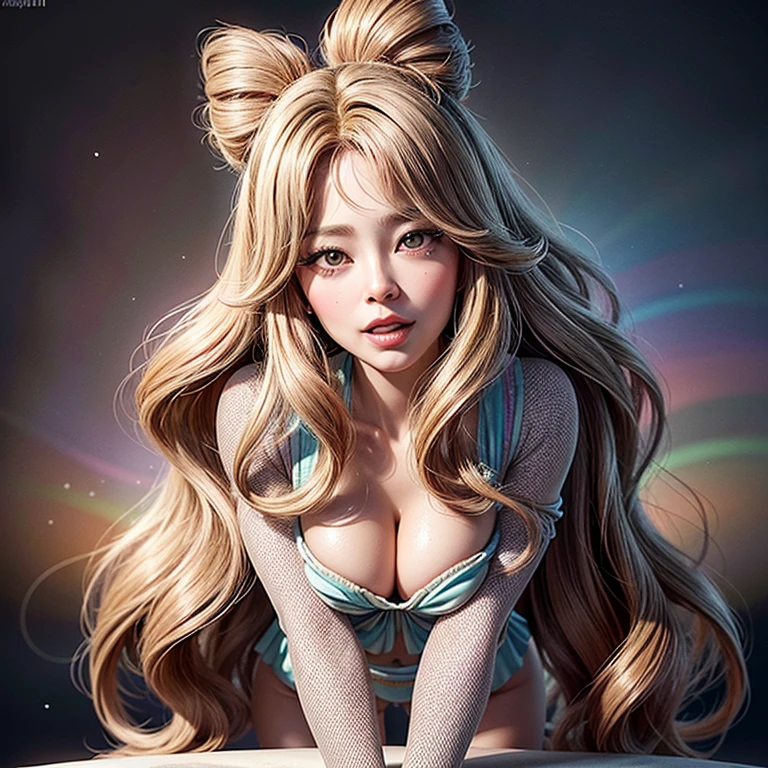 NSFW, 8k, High-level, absurd, masterpiece, best quality, primitive, very detailed CG, very detailed wallpaper, perfect lighting, Extremely detailed ((( personifying " Farrah Fawcett Majors " as a ))), MysticSight, Tyndall effect, Tyndall scattering, (Studio gray background with (Overflowing oodles Dazzling RainbowColorParticles (BokeH))), (RoundlyButts, ThighGap), (Exposed:0.4), (Assfocus with looking ahead) BREAK (Acutance:0.88), (NOGIZAKA face variations) Extremely Detailed very KAWAII face variations, perfect anatomy, Childish, CaptivatingGaze ElaboratePupils detailed Eyes with (sparkling highlights:1.28), (Voluminous LongEyelashes、GlossyRED Lips with beautiful details, RosyCheeks, Radiant PearlSkin with Transparency . { (Dynamic LifeLike expressions:1.4) | :d) }, (large eyes:-1) .