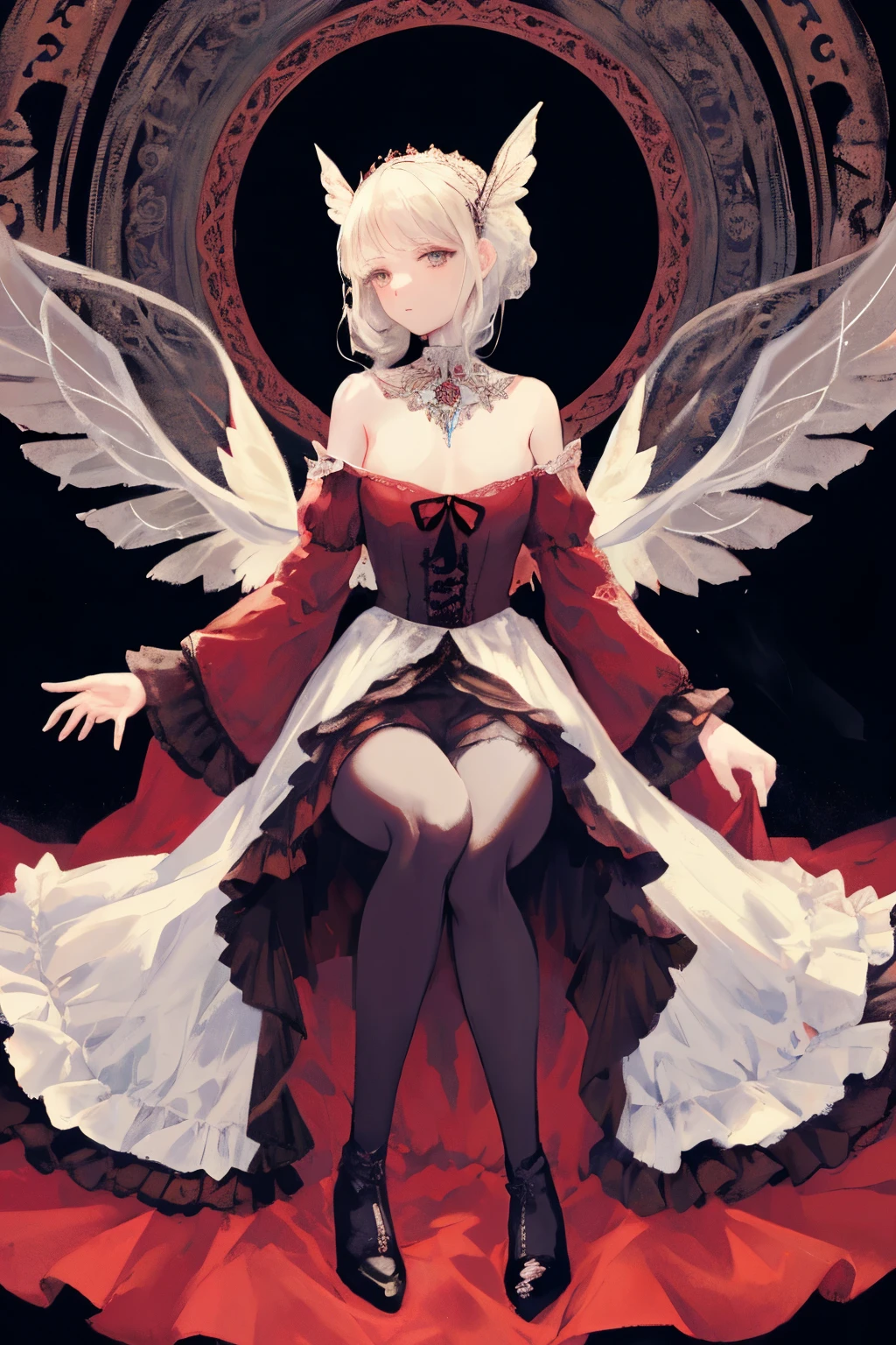  ((best quality)), ((masterpiece)), (detailed), 1girl, Character design, female, dynamic poses, long white grey hair, grey white eyes, very skinny, detailed, best quality, no accesoires around the neck, no shoes, prominent collarbones, skinny arms, flat stomach, visible hip bones, full body, blank white background, plain background, white background, red and white clothing, Bloodborne inspired, occult aesthetic, occult, detailed and intricate steampunk and detailed gothic, NSFW, Very dramatic and cinematic lighting, cosmic horror, grim-dark, side-lighting, perfect face, NSFW, Fluttering lace flared long knee length dress with frilly petticoats, knee length dress, pleated petticoats, petticoats gothic, complex lace boots, side-lighting, gothic aesthetic, wielding a mighty sword with mechanical components, mandalas, small breasts, a fairy, various different types of insect wings, NSFW, full body, whole body, body, plain background, white background, blank background, no background, white background NSFW, chains, full body, whole body, head-to-toe NSFW 