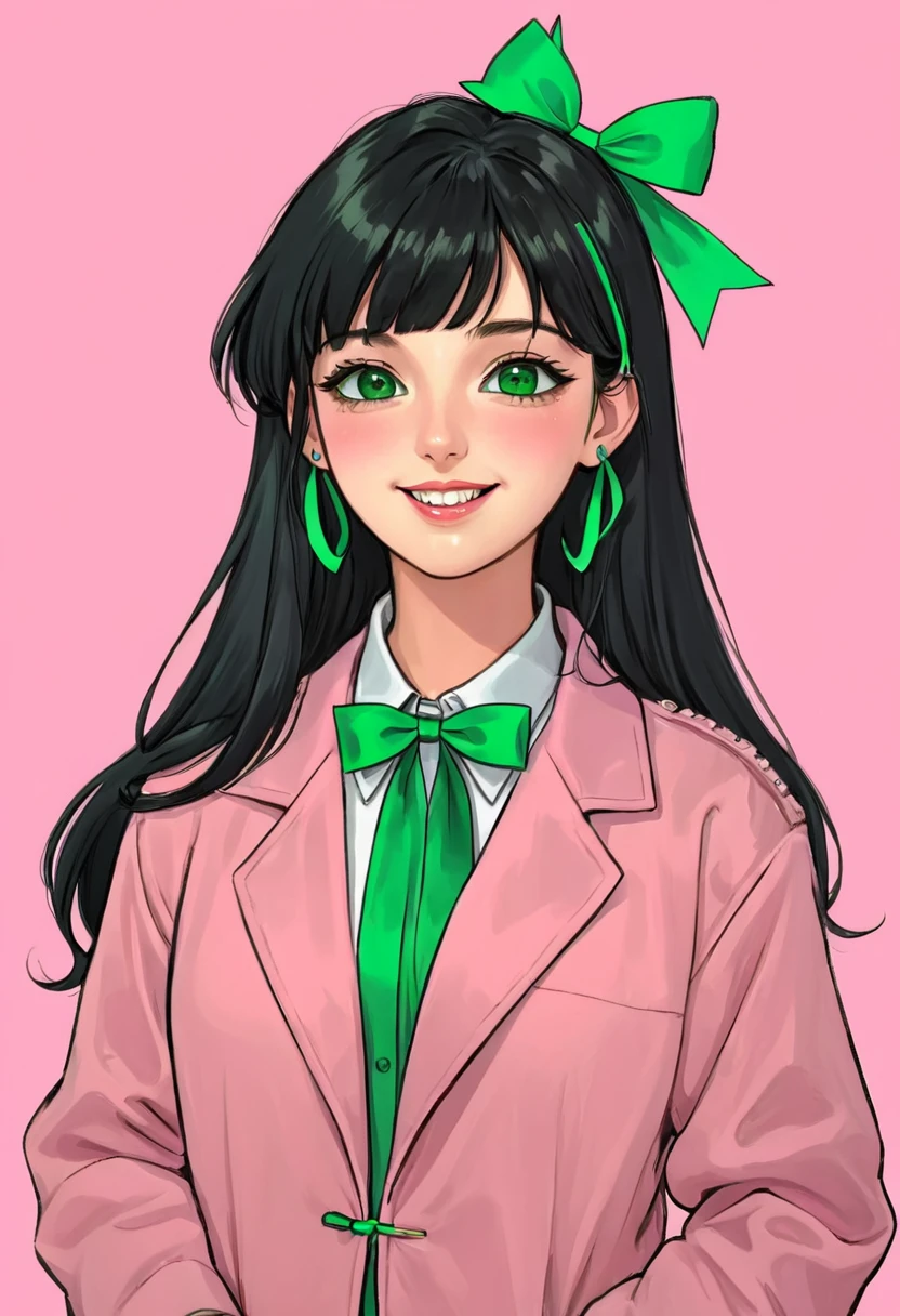 1 Girl,Artist Name,Bangs,Black Hair,blush,bow,Shut up,collared shirt,slope,slope background,green bow,Green Eyes,green Ribbon,Teramano,Hair accessories,hair Ribbon,Hairpin,jacket,Lips,Long hair,Looking at the audience,Pink background,portrait,Ribbon,shirt,Smile,Solitary,Double tail,Both sides up