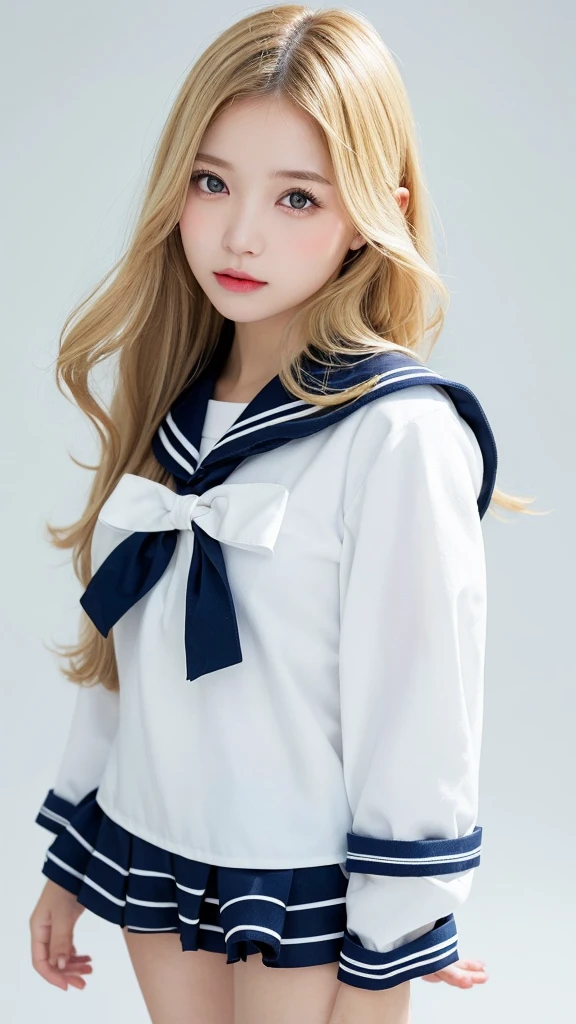 (((forehead、Blonde、Northern Europe、White people、beautiful girl、Blonde、White background、high school girl、Sailor suit)))、table top, highest quality, figure, super detailed, finely, High resolution, 8k wallpaper, Perfect dynamic composition, detailed and beautiful eyes, Deco out,blonde, medium hair, super big breasts, natural color lip,white background, random cute poses,frill dress